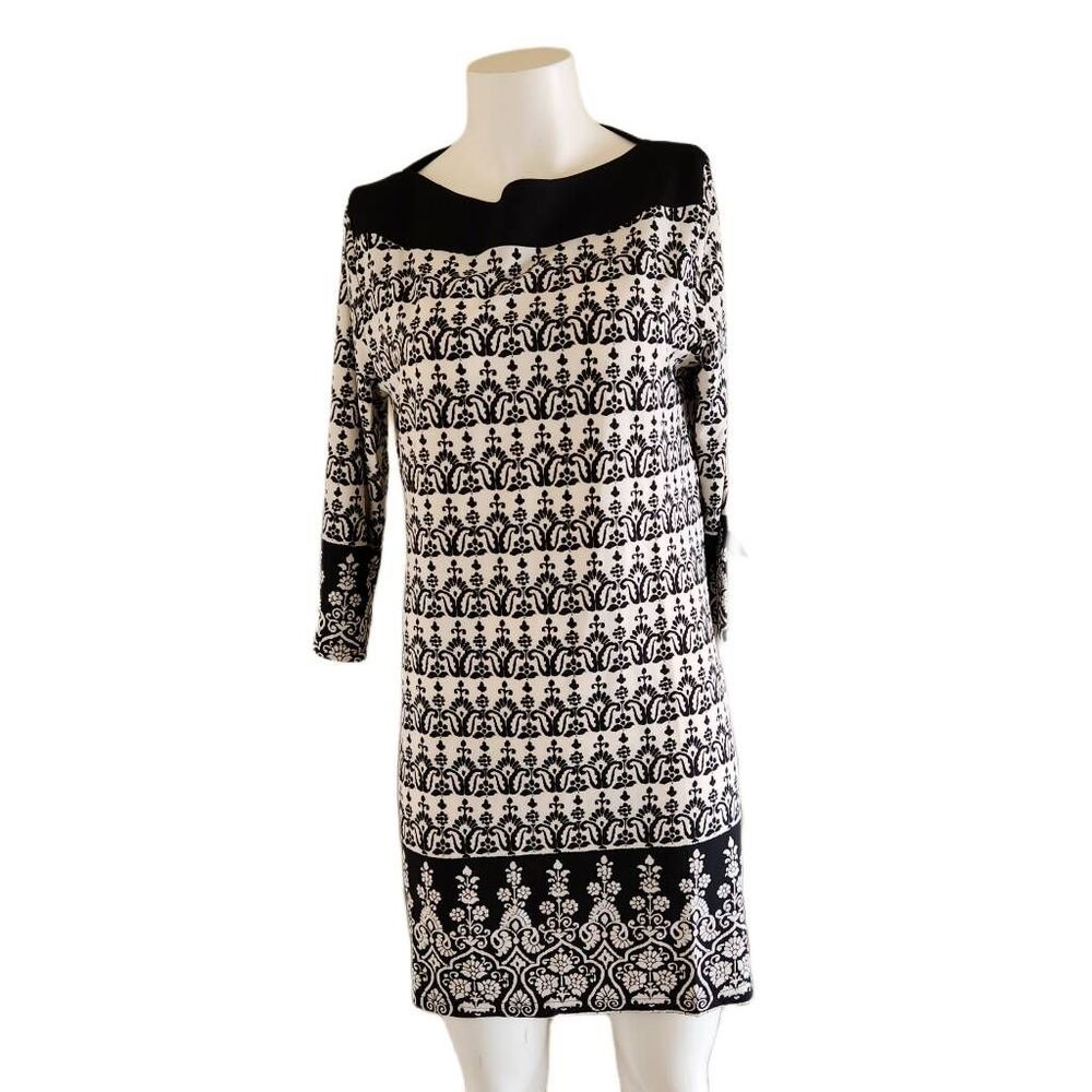 La Moda women's floral above knee black white dress NWT boat neck long sleeve
